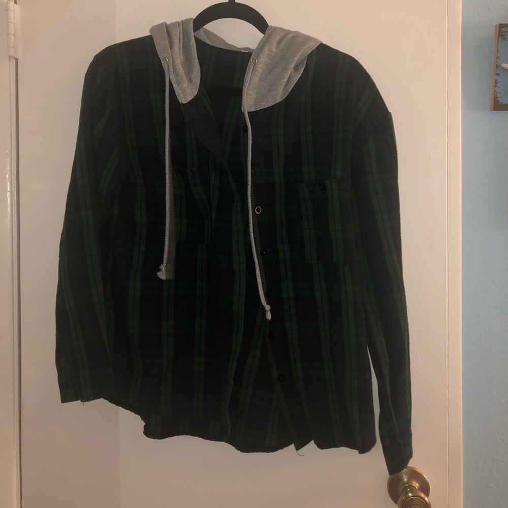 Dark green and dark blue flannel with hood